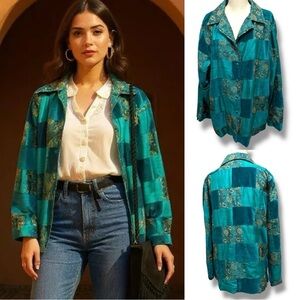 156 Norm Thompson |NWOT India Patchwork Jacket Teal Boho Vintage Style (size XL)